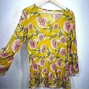 Crosstree Lane Sheer Tunic Floral Top  Mustard Yellow Women Size Medium